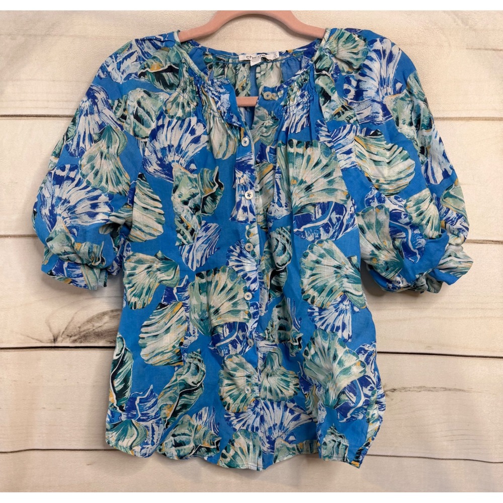 Chico's Blue Seashell Print Ramie Lyocell Puff Sleeve Button Front Blouse Size 0